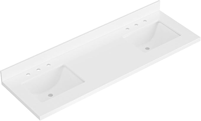 ARIEL 67 inch Double Bathroom Vanity top with Sink, 1.5 Inch Thick Miter Edge White Quartz top, Rectangle Double Sink Vanity top, Includes Backsplash