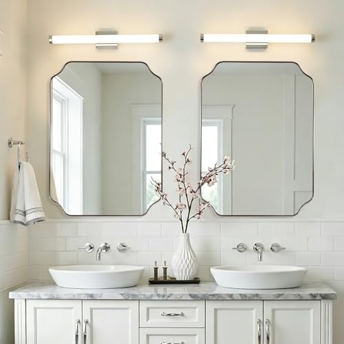 MIRRORART 22X30'' Brushed Nickel Scalloped Mirrors for Bathroom, Modern Notched Corner Bathroom Rectangle Vanity Mirror in 1’’ Antirust Stainless Steel Metal Frame Wall Mounted for Over Sinks