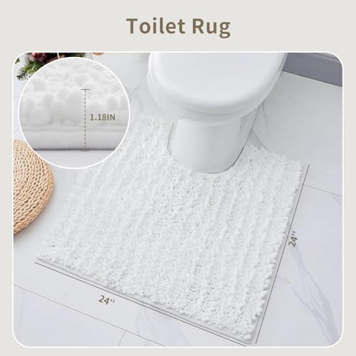 White Toilet Rugs U Shaped Washable, 24x24 Contour Bath Rugs for Toilet, Luxury Ultra Soft Chenille U-Shaped Toilet Rug, Non Slip Absorbent Machine Washable Bathroom Mat for Toile