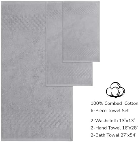 Feather & Stitch 100% Cotton 625 GSM Bath Towel Set of 6, Ultra Soft Highly Absorbent 2 Bath Towels, 2 Hand Towels & 2 Washcloth - Luxury Quick Dry Shower Towels (Grey)