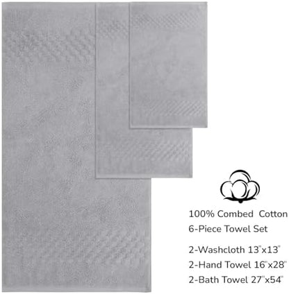 Feather & Stitch 100% Cotton 625 GSM Bath Towel Set of 6, Ultra Soft Highly Absorbent 2 Bath Towels, 2 Hand Towels & 2 Washcloth - Luxury Quick Dry Shower Towels (Grey)