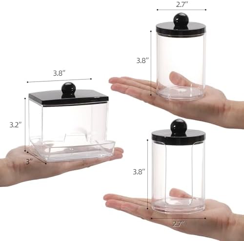 Tbestmax 3 Pack Qtips Holder Dispenser - Bathroom Organizers and Storage Containers, Plastic Apothecary Jars with Black Lids for Cotton Swab, Cotton Round Pads, Floss