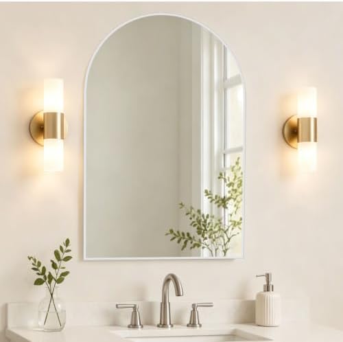 Wall Mounted Mirror, Arched Wall Mirror for Bathroom, 24"x36" Arch Bathroom Mirror with Metal Frame, White Vanity Mirror Decor for Mantle, Bedroom, Entryway, Living Room