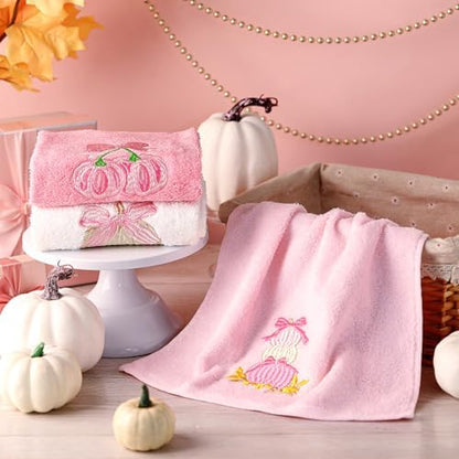FuWeave 3 Pcs Pink Fall Pumpkin Bowknot Hand Towels for Bathroom