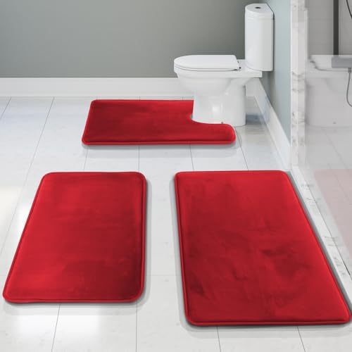 Clara Clark 3 Piece Bathroom Rugs Bath Mat Set, Velvet Memory Foam Bath Mats for Bathroom - Non-Slip, PVC Backing Bath Rugs, Washable - Dries Quickly, Burgundy