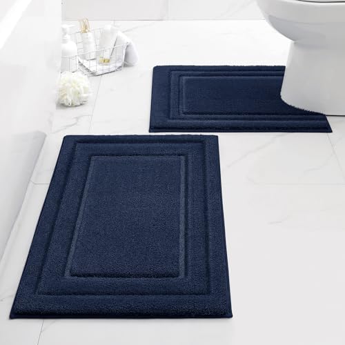 HOMEIDEAS Bathroom Rugs Sets 2 Piece, Super Soft and Absorbent Non Slip Microfiber U-Shaped Toilet Bath Mat Set (20"x32"+U20 x24, Navy Blue)