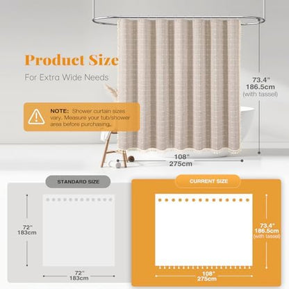 BTTN 108x72 Boho Farmhouse Linen Heavy Duty Shower Curtain Set, Tan/Taupe