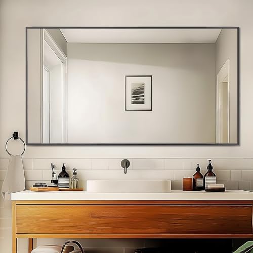 Antok 55x30 Black Metal Framed Bathroom Mirror, Wall Mirror with Rect Corners, Vanity Mirror for Over Sink, Anti-Rust Tempered Glass, Horizontal/Vertical Hanging for Bathroom, Living Room, Entryway