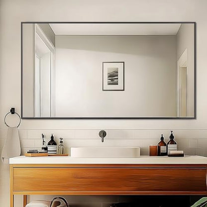 Antok 55x30 Black Metal Framed Bathroom Mirror, Wall Mirror with Rect Corners, Vanity Mirror for Over Sink, Anti-Rust Tempered Glass, Horizontal/Vertical Hanging for Bathroom, Living Room, Entryway
