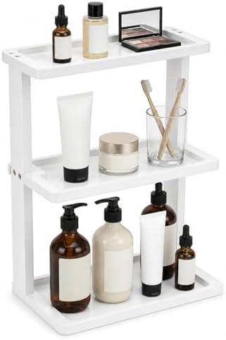 PEKER Bamboo Bathroom Organizer Countertop – Vanity Storage Shelf for Makeup, Perfume, Skincare – Natural Cosmetics Display Rack for Dresser, Sink, Kitchen – White