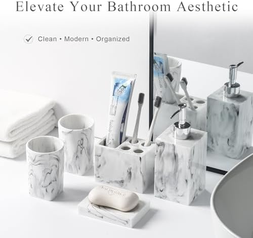 5 Piece Bathroom Accessories Set, Marble Resin Bathroom Vanity Set, Soap Dispenser, Toothbrush Holder, Soap Dish & 2 Tumblers, Bathroom Countertop Organizer Set (Ink White)