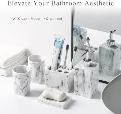 5 Piece Bathroom Accessories Set, Marble Resin Bathroom Vanity Set, Soap Dispenser, Toothbrush Holder, Soap Dish & 2 Tumblers, Bathroom Countertop Organizer Set (Ink White)