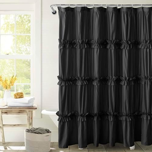 Farmhouse Ruffle Shower Curtain, Black, 72 x 72 in