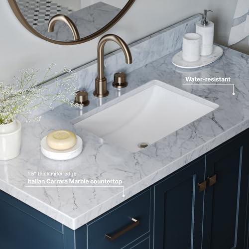 ARIEL Cambridge 48-inch Bathroom Vanity with Sink,Solid Wood, 1.5-inch Italian Carrara Marble Countertop, Single Rectangular Porcelain Sink, 2 Soft Closing Doors, 9 Dovetail Drawers, Midnight Blue
