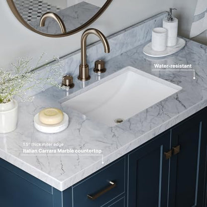 ARIEL Cambridge 48-inch Bathroom Vanity with Sink,Solid Wood, 1.5-inch Italian Carrara Marble Countertop, Single Rectangular Porcelain Sink, 2 Soft Closing Doors, 9 Dovetail Drawers, Midnight Blue