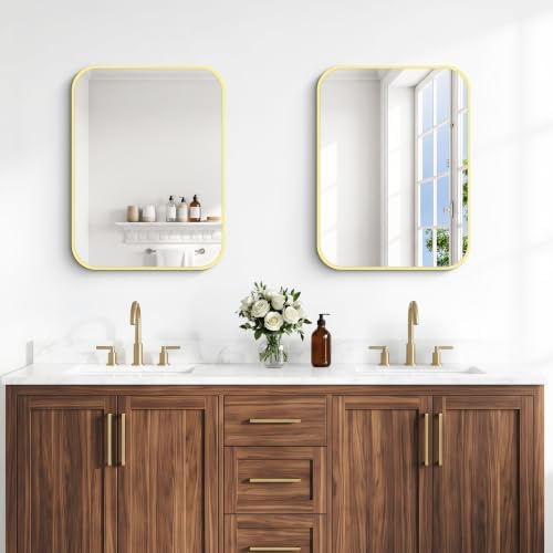 BONEWEI Gold Bathroom Mirror,18x24 inch Wall Mirror for Bathroom Wall Mounted,Round Rectangle Mirror for Bathroom Over Sink,Modern Frame for Home Decor Living Room,Bedroom Entryway,Horizontal/Vertical