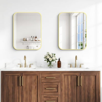 BONEWEI Gold Bathroom Mirror,18x24 inch Wall Mirror for Bathroom Wall Mounted,Round Rectangle Mirror for Bathroom Over Sink,Modern Frame for Home Decor Living Room,Bedroom Entryway,Horizontal/Vertical