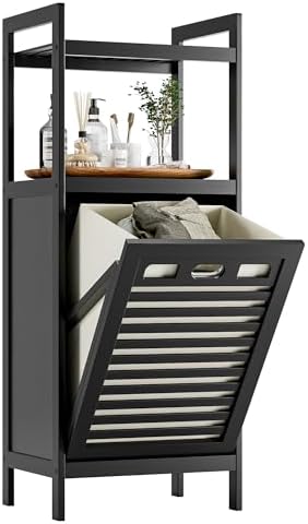 HITNET Tilt Out Laundry Hamper, Bamboo Bathroom Cabinet with Pull Out Removable Bag and 2 Tier Storage Shelves, 10 Gal Clothes Basket with Metal Handle, Black