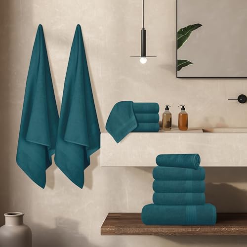 GLAMBURG Ultra Soft 24-Piece Towel Set - 100% Pure Ringspun Cotton, Contains 8 Oversized Bath Towels 27x54, 8 Hand Towels 16x28, 8 Wash Cloths 13x13 - Ideal for Everyday use, Hotel & Spa - Teal