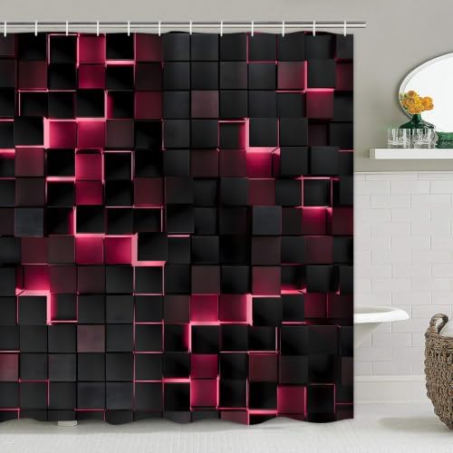LQCOOL 4Pcs Pink Shower Curtain Set 3D Cubes Bathroom Sets Modern Shower Curtain Set for Bathroom Sets with Rugs Black and Pink Shower Curtain with 12 Hooks