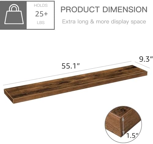 QEEIG Floating Shelves for Wall 55.1" Extra Long - Wall Shelf Bathroom Kitchen Living Room Bedroom Farmhouse Home Decor Display Bookshelf Large 55.1 x 9.3 inch Set of 2, Rustic Brown (008-140BN)