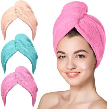Hicober Microfiber Hair Towel Wrap for Women, Aqua Peach Pink, 3-Pack