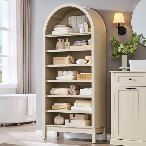 IFBUY 71" Tall Arched Bathroom Storage Cabinet, 7-Tier Modern Farmhouse Storage Cabinet with Adjustable Shelves, Wood Freestanding Cabinet for Bathroom, Living Room, Entryway, Hallway (Cream)