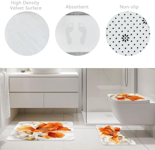 Burnt Orange Modern Floral Fall 4Pcs Bathroom Shower Curtain Set with Rugs
