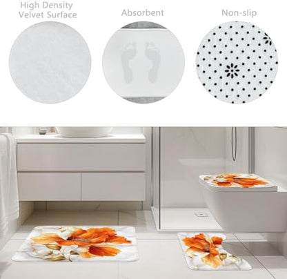 Burnt Orange Modern Floral Fall 4Pcs Bathroom Shower Curtain Set with Rugs