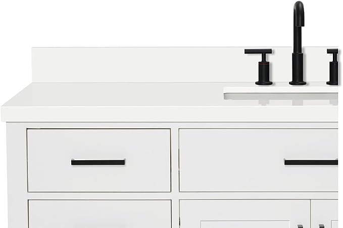 ARIEL Hepburn 60-inch Bathroom Vanity with Sink,Solid Wood, 1.5-inch Pure White Quartz Countertop & Backsplash, Single Rectangular Porcelain Sink, 2 Soft Closing Doors, 9 Dovetail Drawers, White