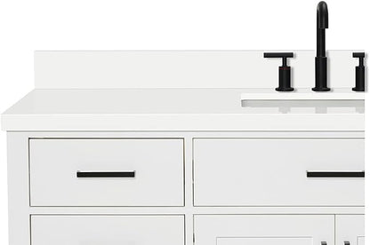 ARIEL Hepburn 60-inch Bathroom Vanity with Sink,Solid Wood, 1.5-inch Pure White Quartz Countertop & Backsplash, Single Rectangular Porcelain Sink, 2 Soft Closing Doors, 9 Dovetail Drawers, White