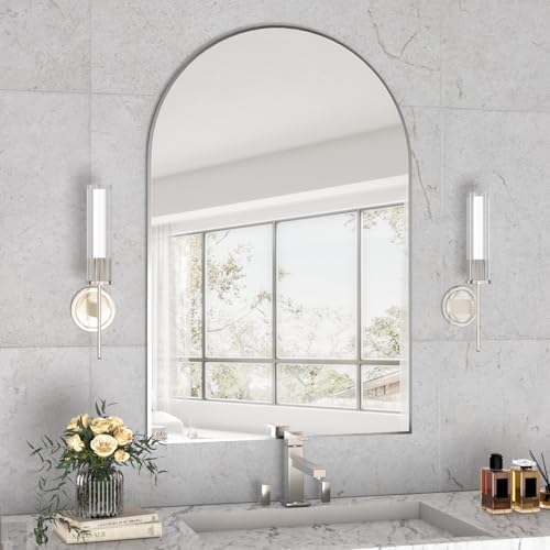 Wall Mounted Mirror, Arched Wall Mirror for Bathroom, 24"x36" Arch Bathroom Mirror with Metal Frame, Silver Vanity Mirror Decor for Mantle, Bedroom, Entryway, Living Room
