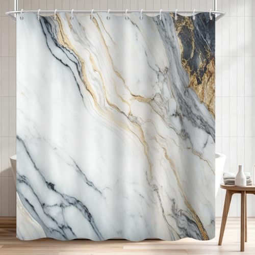 White Marble Shower Curtain Modern Abstract Luxury Gold Ink Texture Gray Ombre Watercolor Bathroom Curtain Set with Hooks Soft and Lightweight Waterproof Fabric Machine Washable 36" Wx72 L