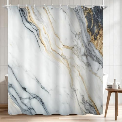 White Marble Shower Curtain Modern Abstract Luxury Gold Ink Texture Gray Ombre Watercolor Bathroom Curtain Set with Hooks Soft and Lightweight Waterproof Fabric Machine Washable 36" Wx72 L