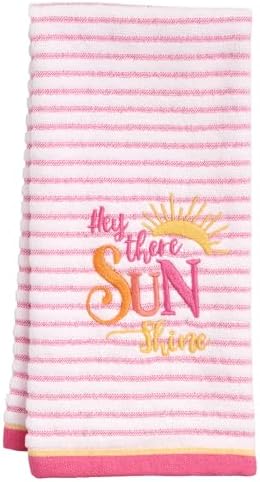 Ritz 2-Piece Cotton Velour Bathroom Hand Towel Set, Embroidered Hey Sunshine Design, Pink Pinstripe Decorative Bathroom Towels for Guest Bath, Kids Room, or Nursery, 16” x 26”