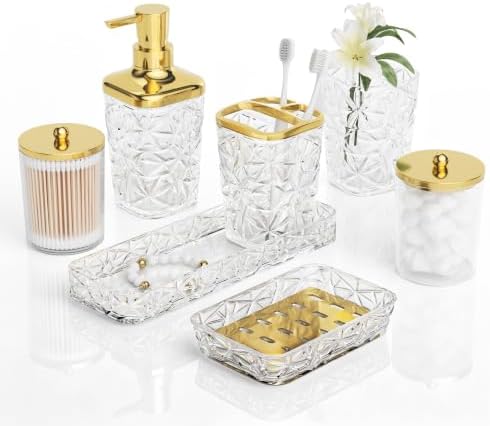 Bathroom Accessory Set, 7 Pcs White Bathroom Accessories Set, Acrylic Soap Dispenser and Toothbrush Holder Set, Qtip Holder Set, Bathroom Sink Set, Gift for Home Apartment