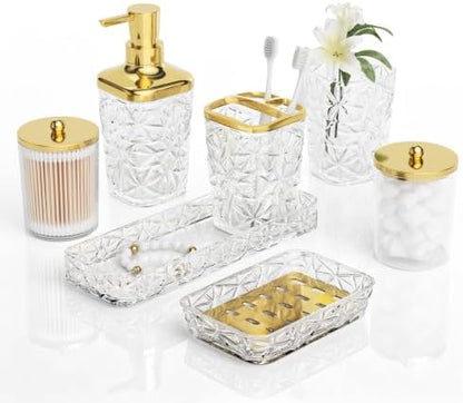 Bathroom Accessory Set, 7 Pcs White Bathroom Accessories Set, Acrylic Soap Dispenser and Toothbrush Holder Set, Qtip Holder Set, Bathroom Sink Set, Gift for Home Apartment