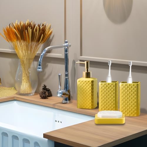 Jessie Bathroom Accessories Set, 3 or 4-Piece Ceramic Bathroom Accessory Set,Soap Dispenser,Toothbrush Holders Set,Tumbler,Soap Dish Embossed Matte Bathroom for Modern Bathrooms (Yellow 4-Piece Suit)