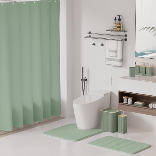 XLHOMO Bathroom Accessories Set - 25PC Sage Green Bathroom Set, Bathroom Set with Shower Curtain and Rugs, Green Shower Curtain Set, Toilet Brush, Bathroom Trash Can
