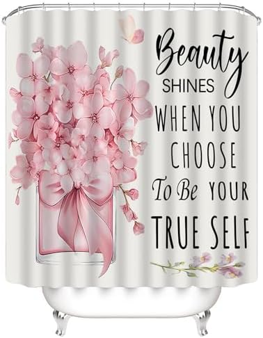 AZHM 4pcs Pink Floral Bathroom Shower Curtain Set with Rugs and Accessories