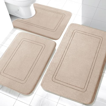 YIHOUSE Memory Foam Bath Mat Set, Bathroom Rugs Sets 3 Pieces, Non Slip Bath Mats for Bathroom, Super Soft and Water Absorbent Bath Rug Set, Machine Washable U Shape Toilet Rug,Beige