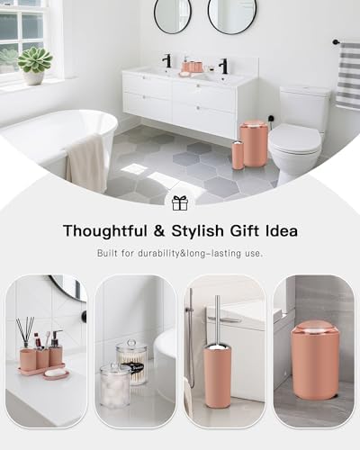 IMAVO Bathroom Accessories Set,Coral Pink Bathroom Set,9 Pieces Bathroom Accessory Set,Tray,Qtip Holders,Toilet Brush,Trash Can for Bathroom Décor and Home Gifts