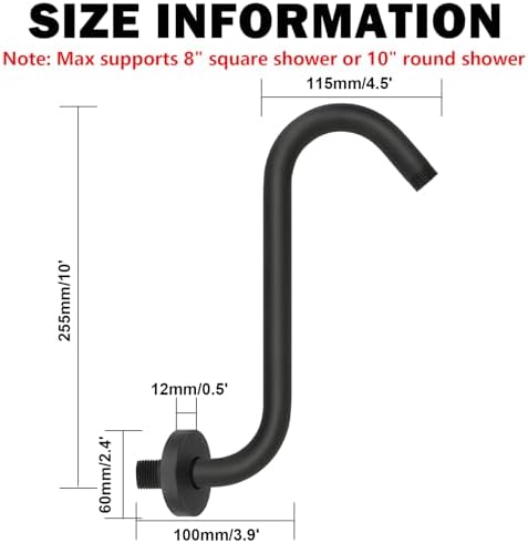 NearMoon S Shaped Shower Head Riser Arm, Shower Extender Arm with Flange, Standard 1/2" Connection- Bathroom Accessory (10 Inch, Matte Black)