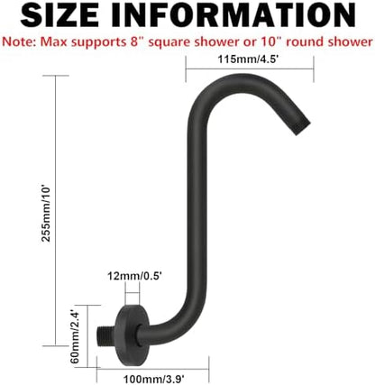 NearMoon S Shaped Shower Head Riser Arm, Shower Extender Arm with Flange, Standard 1/2" Connection- Bathroom Accessory (10 Inch, Matte Black)