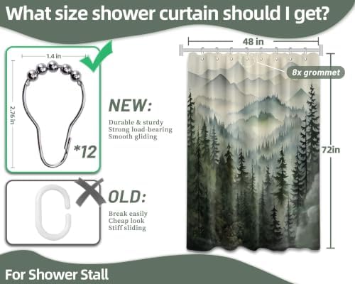 Sage Green Forest Stall Shower Curtain, 48X72 in Narrow Small, Mountain
