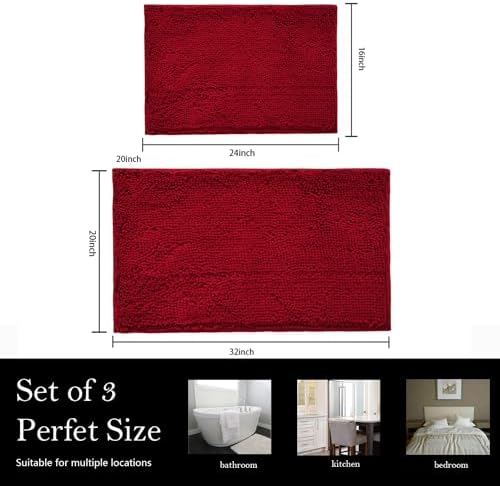 Bathroom Rugs Chenille Bath mat 2 Piece Set, Super Absorbent, PVC Non Slip Backing, Bath mats for Bathroom, Plush Shaggy, Thick, Machine Washable, Bathtub, Shower, Toilet.(Burgundy)