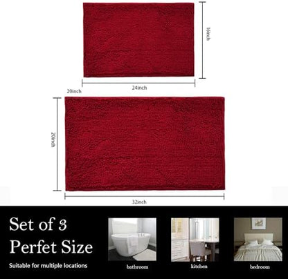 Bathroom Rugs Chenille Bath mat 2 Piece Set, Super Absorbent, PVC Non Slip Backing, Bath mats for Bathroom, Plush Shaggy, Thick, Machine Washable, Bathtub, Shower, Toilet.(Burgundy)