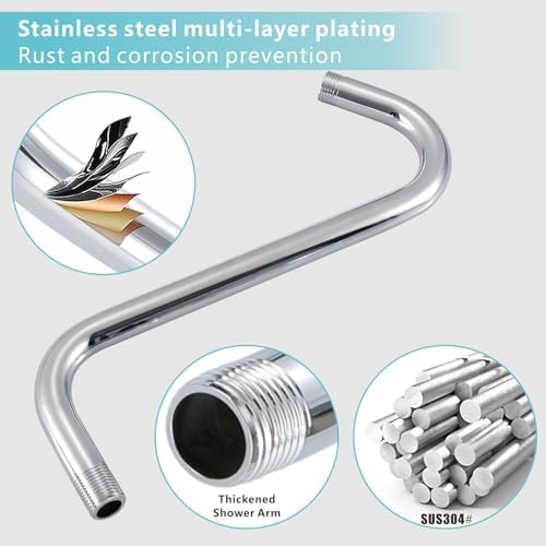 Shower Head Extension Arm with Flange, S Shaped High Rise Gooseneck Showerhead Riser Pipe, Universal Standard 1/2" Connection - Bathroom Accessory (12 Inch, Chrome)