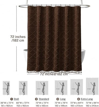 Boho Brown Shower Curtain Woven Fabric Shower Curtain 72 x 72 Tufted Chevron Striped Shabby Chic Textured, Modern Farmhouse Minimalist, Water Resistant Curtain Set for Bathroom, Hotel Decor
