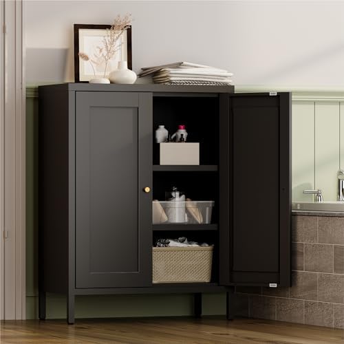 YAUWOH Small Metal Cabinet,Bathroom Storage Cabinet with 2 Adjustable Shelves and 2 Doors,Freestanding Sideboard for Small Spaces, Living Room, Home Office, Dining Room(1PC,Black)
